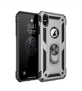 Apple iPhone X Kılıf Metal For Car Yüzüklü Standlı Military Ring Serisi (Gümüş)