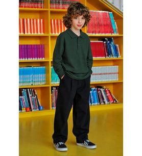 Polo Yaka Uzun Kol Unisex Okul Sweati - Haki