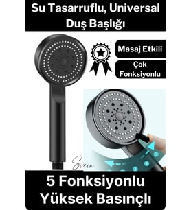 5 Fonksiyonlu Yüksek Basınçlı Ayarlanabilir Uzun Ömürlü Universal Su Tasarruflu Siyah Duş Başlığı