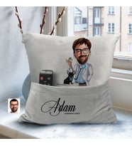 BK Gift Kişiye Özel Veteriner Karikatür Tasarımlı Organizer Kumanda ve Atıştırmalık Cepli Gri Kırlent Yastık-2 Arkadaşa Hediye, Cepli Yastık