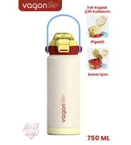 750 ML Tek Kapak Çift Kullanım Pipetli Rahat İçim Kulplu Paslanmaz Çelik Termos ff1108-750ML