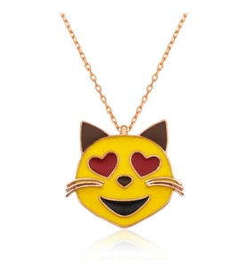 925 Ayar Gümüş Kalp Gözlü Kedi Emoji Kadın Gümüş Kolye