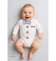 BABYDEN'S Minik Patron Papyonlu Bebek Body ,Düğme Deseni Baskılı, Erkek Bebek Uzun Kollu Çıtçıtlı Body Pamuklu (Mavi)