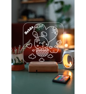 Kişiye Özel 3D Tavşan ve Kalp Masaüstü Dekoratif Led Lamba