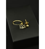 925 Ayar Gümüş Altın Kaplama Lotus Figürlü Halka Ve Top Küpe