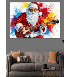 Gitar Çalan Noel Baba Renkli Sıçramalar Dekoratif Kanvas - Mdf Ahşap Tablo