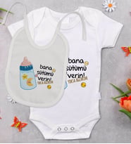 BK Kids Bana Sütümü Verin Tasarımlı Bebek Body Zıbın ve Mama Önlüğü Hediye Seti - Model 1