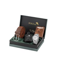 Polo Air Otomatik Mekanizmalı Cüzdan Esnek Kemer Parfümlü Set Erkek Kol Saati Gümüş Renk PL-7062E4 (Gri-Taba)