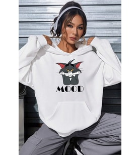 Mood Baskılı Unisex Oversize Sweatshirt (Beyaz)