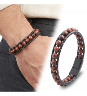 Moncuk Design 8mm Maun Obsidyen Doğal Taş ve Deri Erkek Bileklik 33512B2D8M9