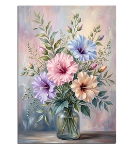 Vazoda Pastel Ebegümeci Çiçek Buketi Dekoratif Kanvas - Mdf Ahşap Tablo
