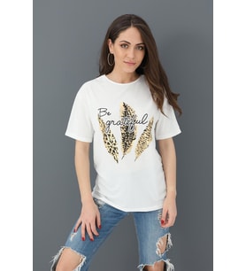 T-shirt Bisiklet Yaka Yaprak Baskılı - Ekru
