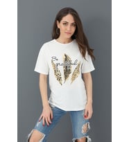 T-shirt Bisiklet Yaka Yaprak Baskılı - Ekru