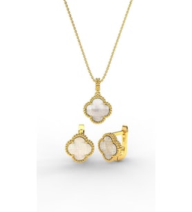 925 Ayar Beyaz Sedef Taşlı Gold Van Cleef Yonca Kolye Küpe 2'li Gümüş Set-Takım