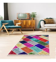 Kilim Desenli Renk Bloklu Etnik Dijital Baskı Yıkanabilir Kaymaz Taban Modern Salon Halı ve Yolluk (Çok Renkli)