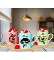 Power Puff Girls Arkadaş Tasarımlı Pembe-Yeşil-Sarı Ahşap Tabaklı Kişiye Özel Türk Kahvesi Fincanı Seti