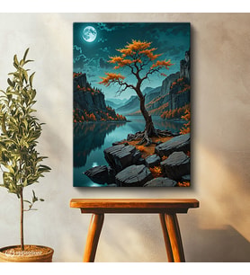 Dikey Kanvas Tablo Göl Kenarındaki Ağaç Manzara Tablosu Ev Ofis Duvar Dekoru