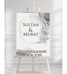 Söz Nişan Düğün İçin 50x70 Karşılama Panosu - Gri Çiçek Desenli 005