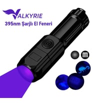 Valkyrie 395nm UV Mor Işık Şarjlı El Feneri – 1200mAh Batarya, Type-C Şarj, Hafif ve Güçlü Tasarım (Siyah)