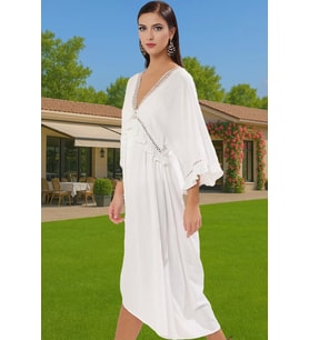 Maxi Dokuma Volanlı Plaj Elbisesi Viskoz Polyester Yaz Yüksek Kalite Konforlu Kesim Modern Stil (Ekru)