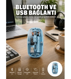 Bluetooth 5.2 Destekli Mavi Pilli Kablosuz Mouse Yeni Nesil