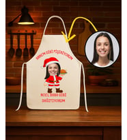 Kişiye Özel Karikatür Fotoğraflı Mutfak Önlüğü Noel Baba Gibi Dağıtıyorum (Krem)