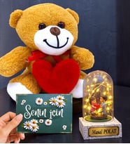 Sevimli Kalpli Peluş Ayıcık ve Led Işıklı Kişiye Özel Fanus (Model 8)
