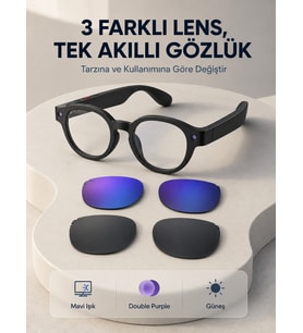 Siyah Akıllı Kamera Gözlüğü Fotoğraf Video Çekimli Yapay Zeka Destekli Bluetooth Çoklu Dil Çeviri 3 Lensli