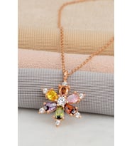925 Ayar Gümüş Zincirli Rose Kaplama Miks Damla Taşlı Kamelya Lotus Çiçeği Kolye