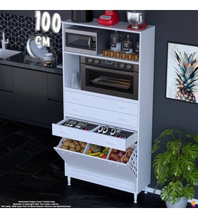 Eliusta Kumsal 100 cm Fırın Dolabı Beyaz 3 Çekmeceli Sepetli Çok Amaçlı Mutfak Kiler Dolabı 100x194x32 cm