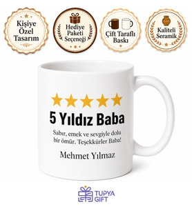5 Yıldız Baba Review Yazılı Kupa Bardak Babalar Günü Hediyesi