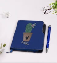 BK Gift Kişiye Özel Kaktüs Tasarımlı Lacivert Termo Deri Defter Kalem Seti-6