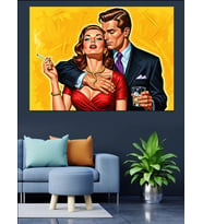 Öpüşen Retro Çift Portre Dekoratif Kanvas - Mdf Ahşap Tablo