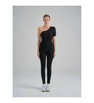 Siyah Sculpt Line Kısa Kollu Tek Omzu Açık Spor Tayt Tulum