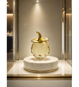 Mini Sarı Kristal Elma Biblo 7.5 Cm Dekoratif Cam Obje Gold Yapraklı Şık Masa Üstü Süsü