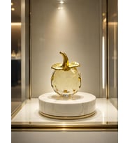 Mini Sarı Kristal Elma Biblo 7.5 Cm Dekoratif Cam Obje Gold Yapraklı Şık Masa Üstü Süsü