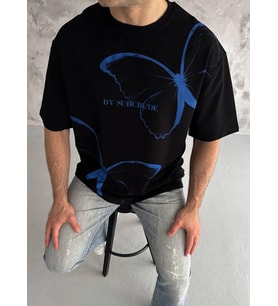 Erkek Kısa Kol Yazlık Tişört Bisiklet Yaka Baskılı Oversize T-Shirt - Siyah