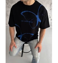 Erkek Kısa Kol Yazlık Tişört Bisiklet Yaka Baskılı Oversize T-Shirt - Siyah
