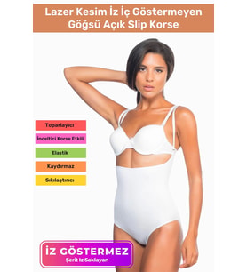 Özel Üretim Lazer Kesim İz Göstermeyen Kaymaz Toparlayıcı Vücut Şekillendirici Göğsü Açık Slip Korse (Beyaz)