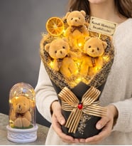 Size Özel Büyük Boy Işıklı Peluş Ayıcık Buketi ve Işıklı Biblolu Fanus Hediye Seti (Model 9)