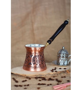 BAKIR CEZVE AHŞAP SAPLI TUĞRALI (6 KİŞİLİK) BAKIR RENK