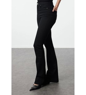 Stil Kadın Moda Denim Kot Pantolon Uzun İspanyol Paça Solmayan Yüksek Bel Jeans (Siyah)