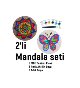 2'li Mandala Boyama Seti- Okul-aile Etkinliği-2 Ham Mdf Plaka, 6 Renk Boya,2 Fırça Model-21
