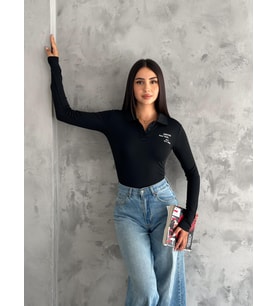 New York Yazılı Yakalı Uzun Kollu Crop Sweatshirt (Siyah)