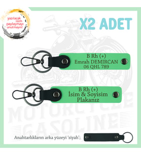 Motosiklet Tutkunlarına, İsim Plaka ve B (+) Kan Grubu Yazılı Acil Durum x2 Anahtarlık, F Yeşil-Syh