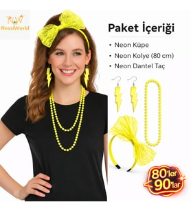 80’ler 90’lar Neon Sarı Parti Seti – Kolye Küpe Taç