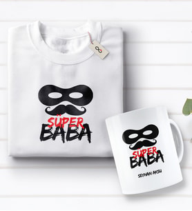BK Gift Kişiye Özel Süper Baba Tasarımlı Beyaz Tişört ve Kupa Seti-4 (Model 1)