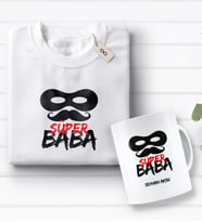 BK Gift Kişiye Özel Süper Baba Tasarımlı Beyaz Tişört ve Kupa Seti-4 (Model 1)
