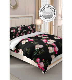Lastikli Çarşaflı %100 Pamuk Saten Çift Kişilik Nevresim Takımı Black Flower