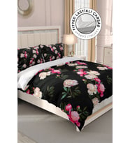 Lastikli Çarşaflı %100 Pamuk Saten Çift Kişilik Nevresim Takımı Black Flower